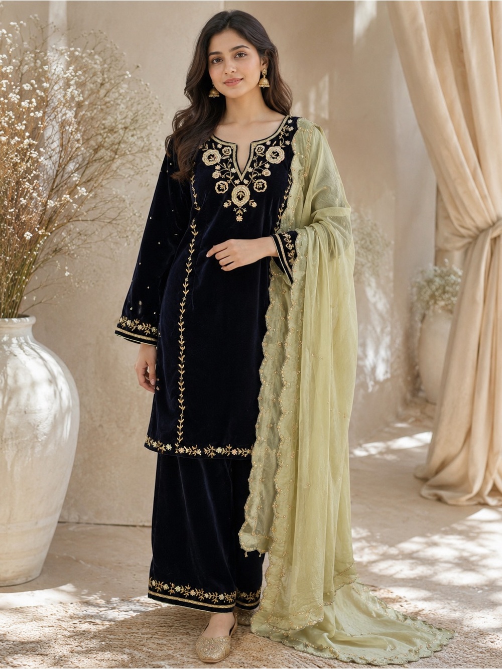 3pcs Elegant Navy Blue hand Embroidered Women's Kurta Bottoms
